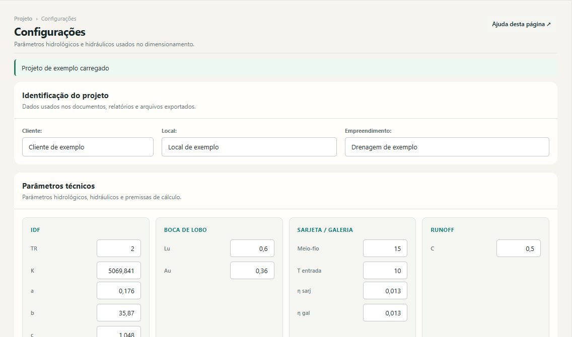 Configurações de Drenagem com identificação e parâmetros do projeto
