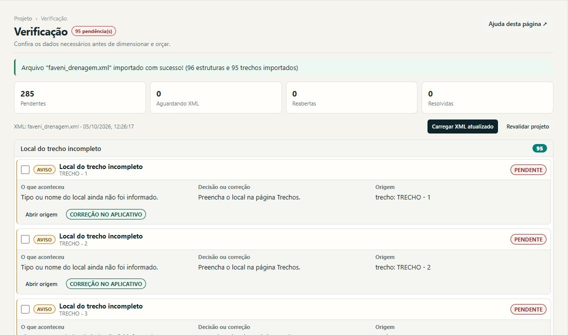 Resumo da conferência de Drenagem após importar e revalidar o XML