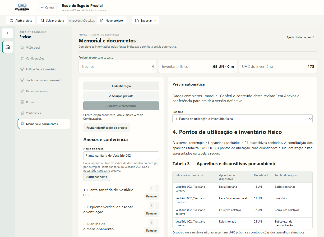 Memorial com etapas de configuração, anexos por nome e prévia do inventário